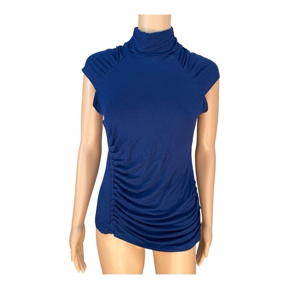 Saks Fifth Avenue Women’s Blue Ruched Mock Neck Stretch Top Size Medium